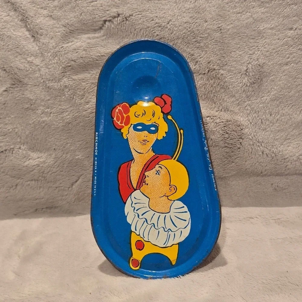 Vintage Kirchhof Tin Litho Noisemaker Life of the Party Masked Lady Clown Blue